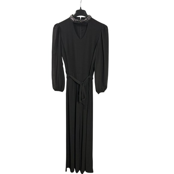 Lisa Rinna Collection Black Long Sleeve Jumpsuit Beaded Collar Tie Waist US S - Picture 1 of 12